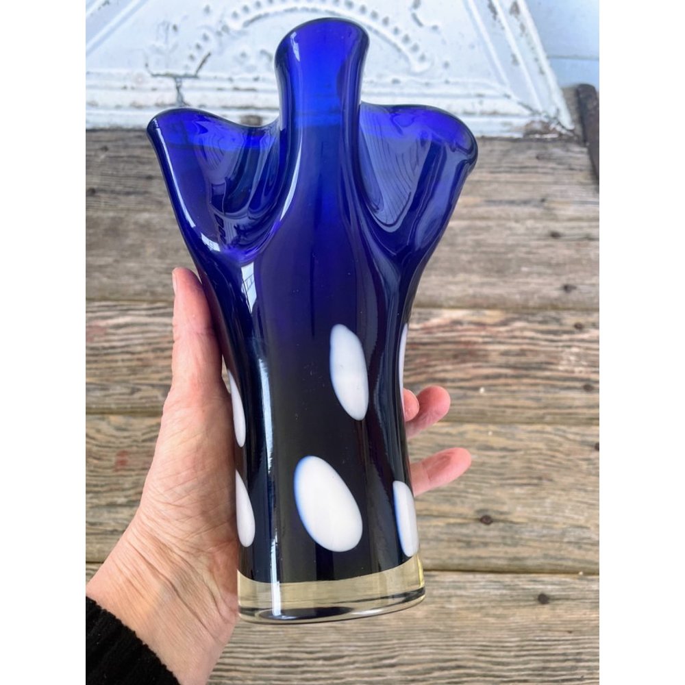 Vintage Art Glass Cobalt Blue White Polka Dot Handkerchief Vase - Picture 2 of 8